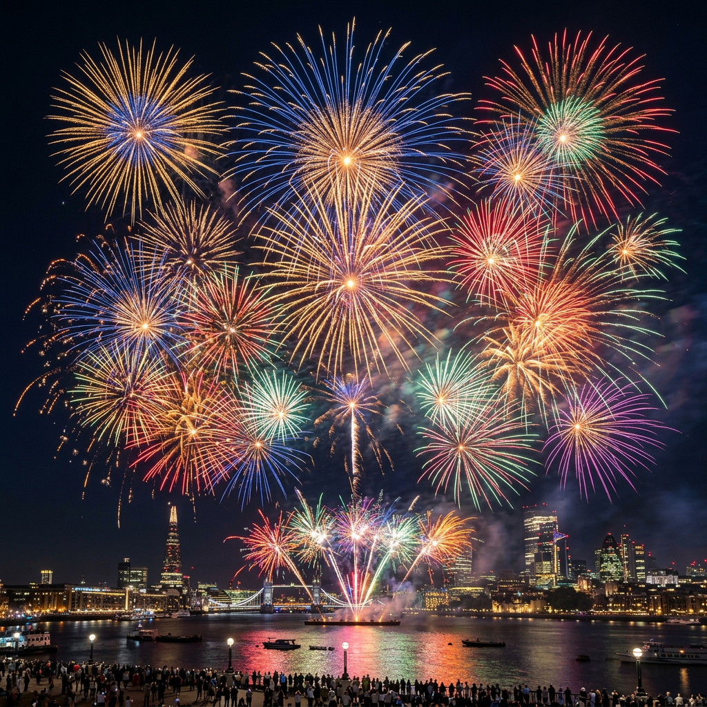 Colorful fireworks exploding in the night sky above a city river with illuminated buildings and a crowd watching