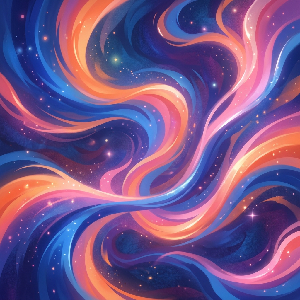 Swirling cosmic streams in orange, pink, and blue with scattered bright stars