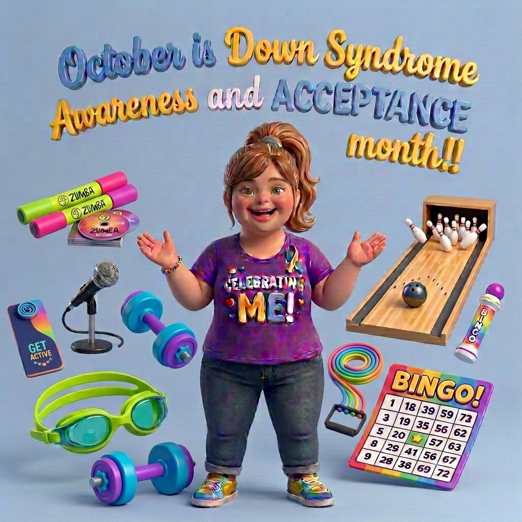 Sign reads “OCTOBER IS DOWN SYNDROME AWARENESS MONTH!!”; girl’s shirt reads “CELEBRATING ME.”
